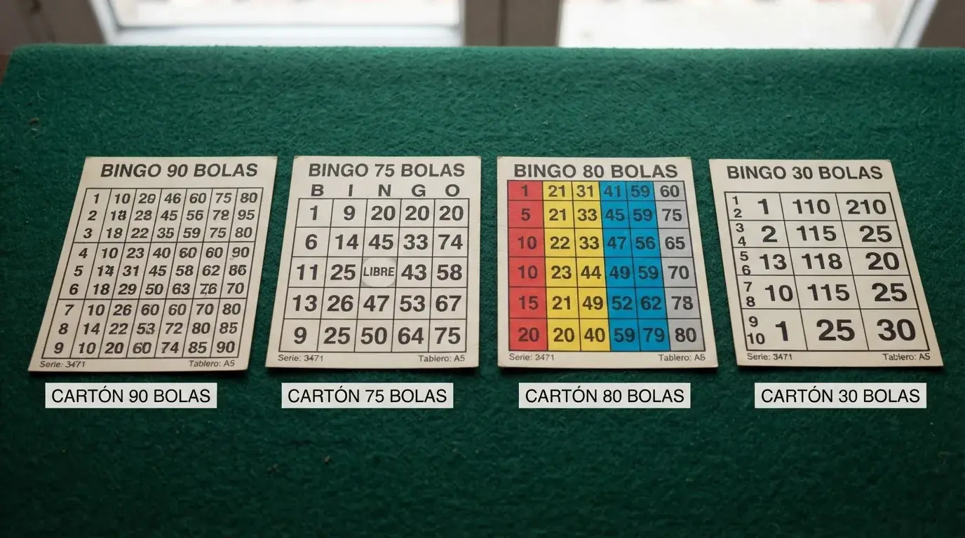 Cartones de bingo de 90, 75, 80 y 30 bolas alineados mostrando sus distintos formatos de casillas, filas y columnas