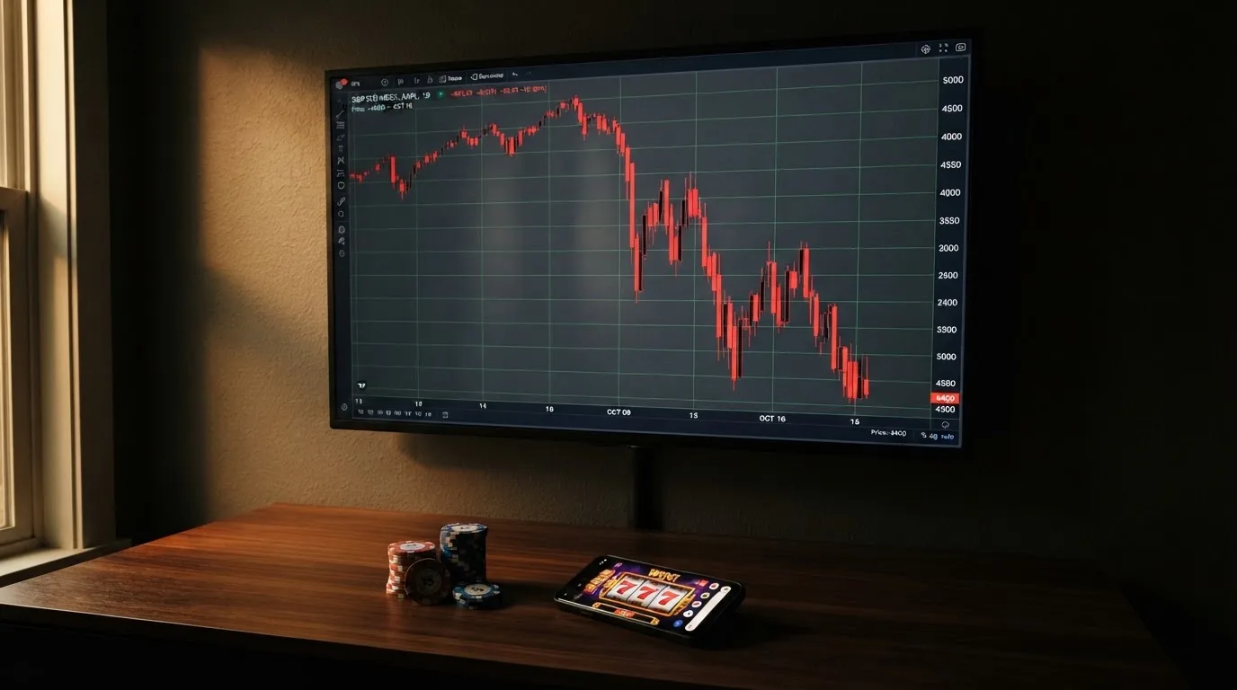 Una gráfica de velas con una caída pronunciada del precio de bitcoin, superpuesta sobre fichas de casino y una pantalla de slot a media partida